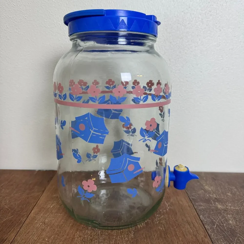 Vintage GALLON Blue Pink Birdhouse Design Glass Drink Dispenser